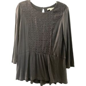 BODEN top, dark blue, size 8, soft knit, 3/4 sleeves, swirl embellishments.